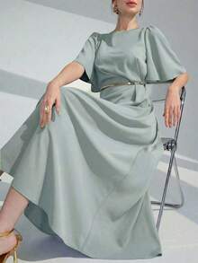 Vestido largo de noche con cuello redondo, volantes y mangas cortas de unicolor para mujer - Verde Gris - Ver 8