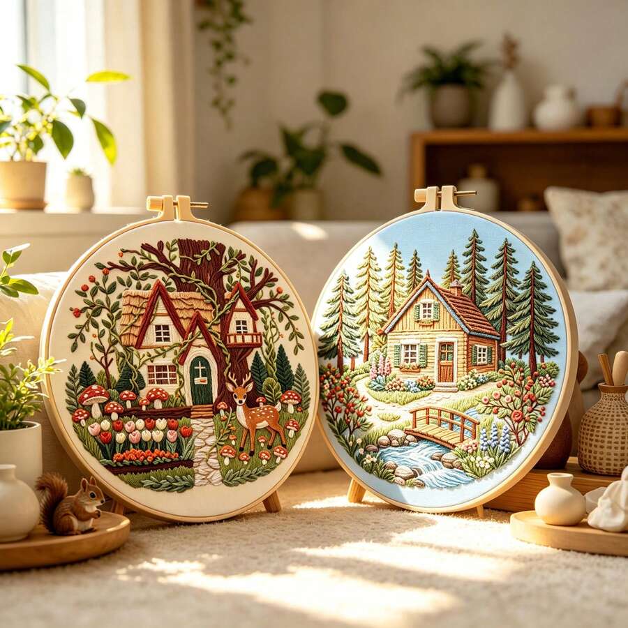 Fairy Tale Forest Cottage Embroidery DIY Kit, Deer & Mushroom Landscape Handmade Decorative Painting With Embroidery Frame, Healing Style Home Decor