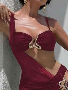 Swim  Set de 3 piezas de traje de baño vintage negro de mujer: Top de bikini tipo halter, falda asimétrica de malla y vestido de baño sexy con acento de metal decorativo para vacaciones en la playa - Café integral - Ver 9