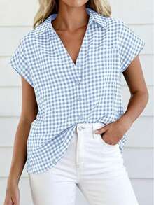 Puff Sleeve Striped Ruffle Blouse V Neck Button Front Summer Top Chic Casual Work Office Outfit For Women - 淺藍格子 - 查看 4