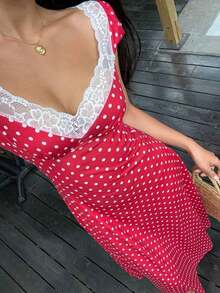 Unity Vestido midi de línea A con mangas cortas abullonadas, cintura alta, cuello con aplicación de corazón y encaje, estampado de lunares blanco y negro en patchwork.Minimalista, elegante y dulce, adecuado para uso diario, viajes, primavera/verano, mujeres - Rojo - Ver 1