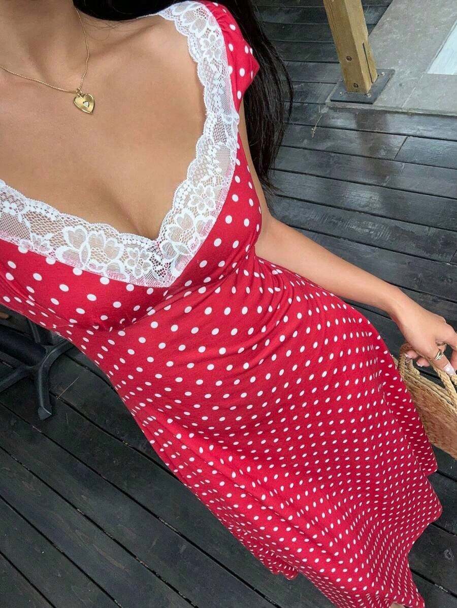 Unity Vestido midi de línea A con mangas cortas abullonadas, cintura alta, cuello con aplicación de corazón y encaje, estampado de lunares blanco y negro en patchwork.Minimalista, elegante y dulce, adecuado para uso diario, viajes, primavera/verano, mujeres - Rojo - Ver 1