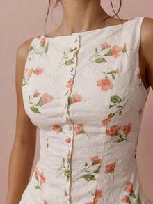 Vestido mini elegante de mujer sin mangas con estampado de flores y bordado - Blanco - Ver 10