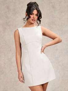 Vestido negro elegante y sencillo sin mangas, ajustado, con espalda descubierta, lazo en el bajo y silueta evasé, vestido negro, vestido para cita de San Valentín, vestido de dama de honor, pequeño vestido negro chic - Albaricoque - Ver 6