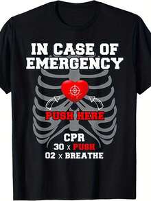 Men's CPR Training T-Shirt | Printed With CPR/First Aid Instructions, Emergency Rescue Training Apparel, Step-By-Step Guide To Chest Compressions And Artificial Respiration, Suitable For Instructors And Medical Personnel To Practice. | Crew Neck - 黑色 - 查看 1