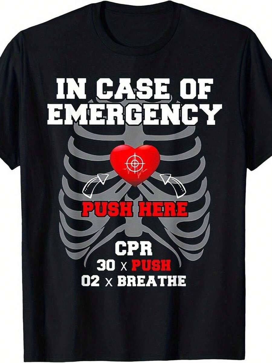 Men's CPR Training T-Shirt | Printed With CPR/First Aid Instructions, Emergency Rescue Training Apparel, Step-By-Step Guide To Chest Compressions And Artificial Respiration, Suitable For Instructors And Medical Personnel To Practice. | Crew Neck - 黑色 - 查看 1