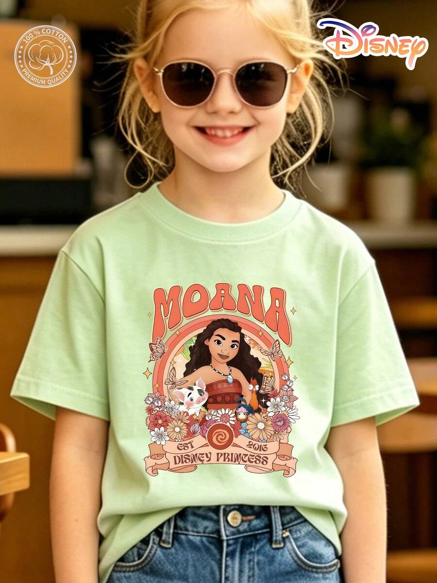 Officially Licensed Disney Moana Kids T-Shirt, 100% Cotton "Moana Est 2016" Floral Butterfly Graphic Tee With Heihei, Unisex For Boys & Girls Ages 4-14, Soft Breathable Fade-Resistant Fabric, Ideal For Theme Park, School & Daily Casual Wear, Perfect For Vacation, Birthdays & Children's Day Gifts - 抹茶綠 - 查看 1
