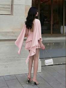 Vestido mini sin mangas de color albaricoque para mujer, chal desmontable, vestido romántico retro sexy y lindo para citas - Rosa Pálido - Ver 2