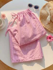 2026 Pantalones largos con cordón y estampado de leopardo negro para mujer, verano - Rosa 2 - Ver 2