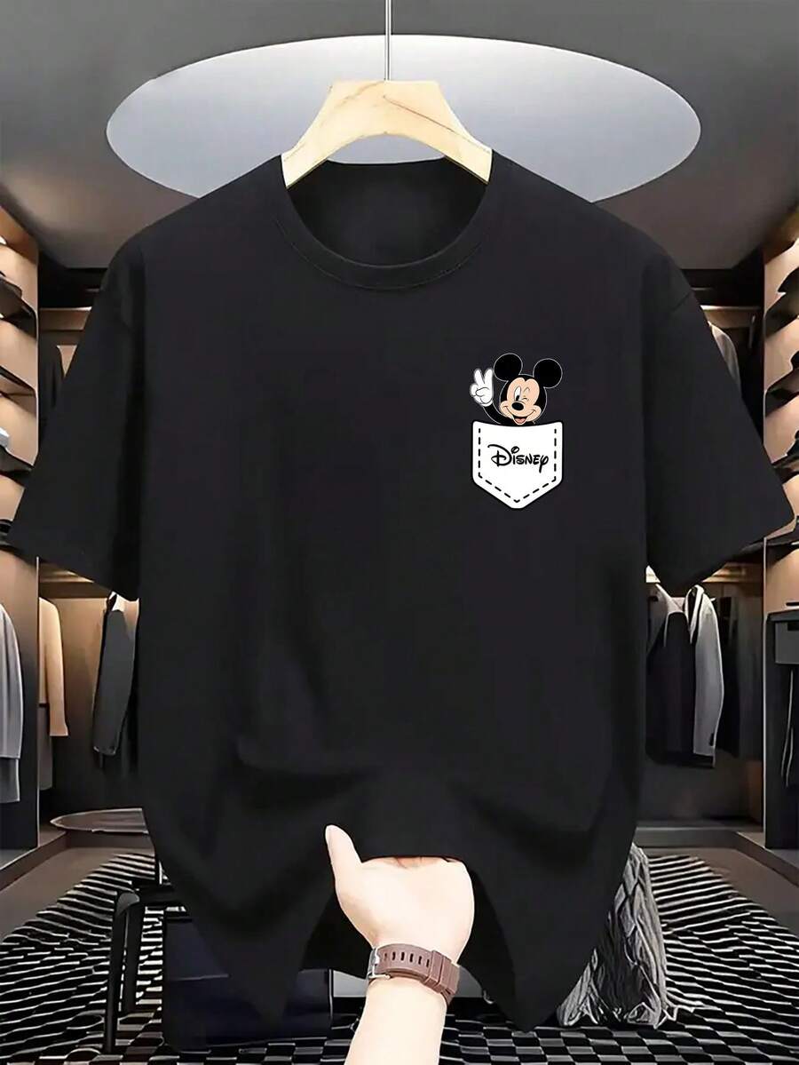 Disney Mickey Mouse "Thumbs Up" T-Shirt With Pocket Print For Men, Crew Neck, Casual, Comfortable, Breathable And Lightweight, Fashionable Streetwear, Men's Leisure Top - màu đen - Xem 1