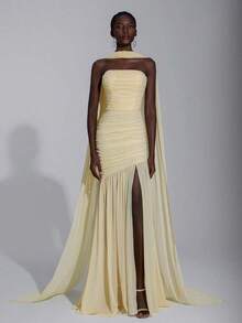 Elitara Vestido de gasa elegante de color crema amarillo con cuello halter (lentejuelas desmontables), busto fruncido, bajo de malla con cola de pez, adecuado para citas, vacaciones, bodas, eventos de dama de honor - Amarillo - Ver 4