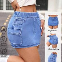 guang zhou mi qian shang mao  Minifalda de mezclilla con cintura elástica y bolsillos cargo para mujer - Azul - Ver 2