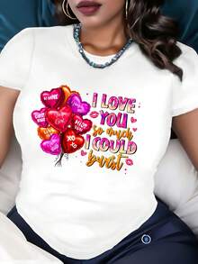1pc Women's Casual Valentine's Day T-Shirt With Heart Balloon Graphic, Short Sleeve, Polyester Fabric, Regular Length - Fashionable "I Love You" Letter T-Shirt - 白色 - 查看 1