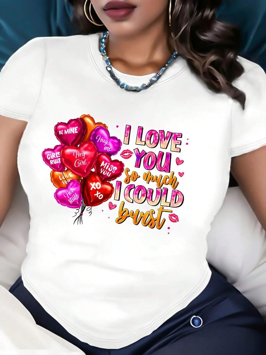 1pc Women's Casual Valentine's Day T-Shirt With Heart Balloon Graphic, Short Sleeve, Polyester Fabric, Regular Length - Fashionable "I Love You" Letter T-Shirt - 白色 - 查看 1