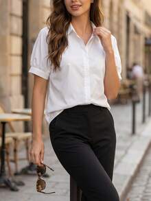 Women's White Short Puff Sleeve Blouse With Shirt Collar Button Up Front, Elegant Regular Length Non-Stretch Polyester Top - White - View 5