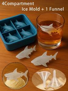 1/2pcs Silicone Shark Shaped Tray, Includes 4-Cavity Mold Tray And 1 Funnel, Creative Animal 3D Shark Shaped Ice Cube Mold, Reusable And Stackable, Soft And Easy To Remove, Suitable For Ice Cubes, Whiskey, Cocktails, Desserts, Parties, Beer, Coffee, Easter And Holiday Decorations - A - View 1