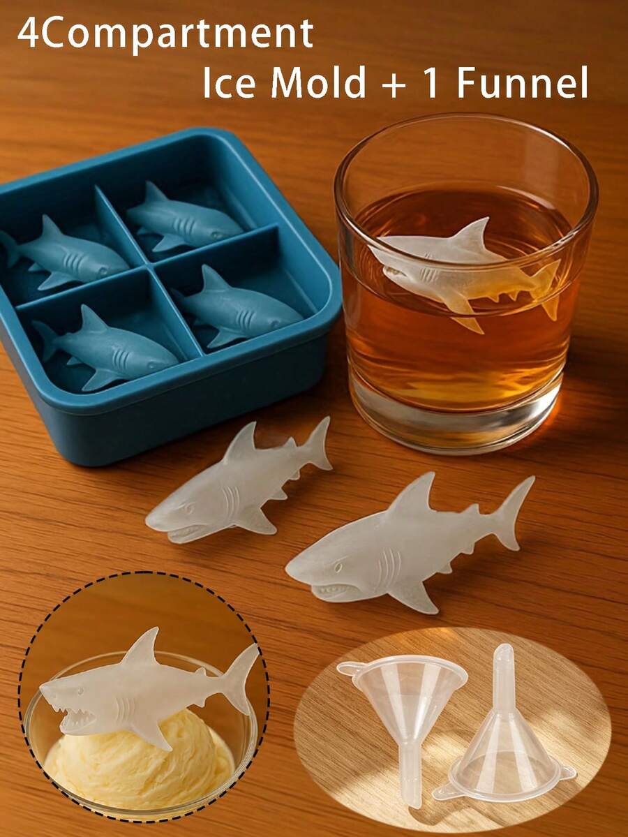 1/2pcs Silicone Shark Shaped Tray, Includes 4-Cavity Mold Tray And 1 Funnel, Creative Animal 3D Shark Shaped Ice Cube Mold, Reusable And Stackable, Soft And Easy To Remove, Suitable For Ice Cubes, Whiskey, Cocktails, Desserts, Parties, Beer, Coffee, Easter And Holiday Decorations - A - View 1