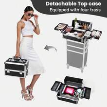 1 x 4-in-1 großer Kosmetikwagen für Frauen, Schminkkoffer, Schminkwagen mit Rollen, großer professioneller Make-up-Organizer, Koffer mit Rollen, Nagelkoffer mit Schlössern (schwarz) - Schwarz - Übersicht 3