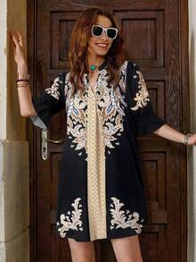 Clasi Vestido elegante con estampado floral y escote calado para mujeres, vestidos de graduación para mujeres, vestido de cintura baja, estilo boho country, ropa de mujer boho - Negro - Ver 3