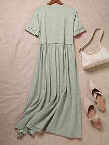 Vestido camisero de algodón y lino de unicolor y manga corta para mujer - verde menta - Ver 2