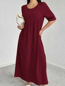 Vestido casual de fiesta con cuello redondo y plisado de unicolor, adecuado para el verano - Burdeos - Ver 5