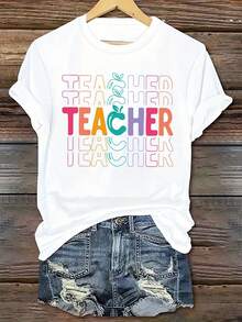 (001 # Fashionable Women's T-Shirt, Round Neck T-Shirt With Printed Design, Casual Short Sleeve T-Shirt For Women 100% Cotton. - 白色 - 查看 6