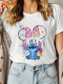Disney Stitch Pattern Print T-Shirt, Women's Short Sleeve Polyester Casual Comfortable Round Neck Top - 白色 - 查看 1