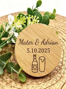 Personalized Engraved Bottle Opener Magnet, Customized Couple's Name And Date Round Bamboo Bottle Opener Magnet, Floral Design Wedding Favor, Perfect Bridal Shower And Engagement Gift - Wood Color - View 2