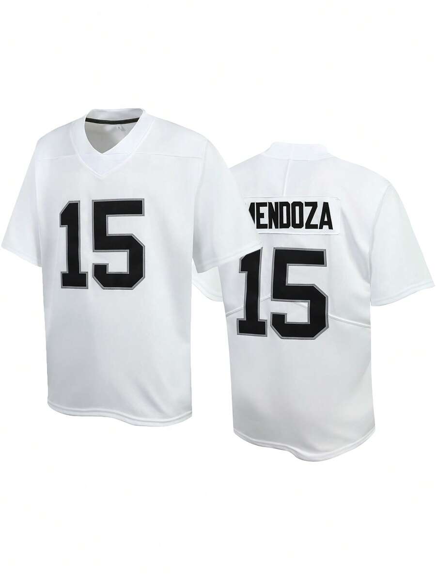 Atonmore 15# White American Football Casual Short Sleeve V-Neck T-Shirt, Embroidered Sports Tee For Party & Football - White - View 1