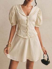 Vestido casual mini de unicolor con diseño de botones y mangas cortas con pétalos para mujer - Amarillo claro - Ver 5