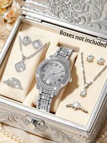 Set de 1 pieza/5 piezas/9 piezas: Reloj de joyería de cuarzo elegante de moda para mujer y nuevo collar, anillo y aretes de cristal brillante. Adecuado para el Día de San Valentín, Pascua, Halloween, Ramadán, cumpleaños, Navidad, Año Nuevo, uso diario y estilo bohemio. Caja de aleación, movimiento de cuarzo - Dorado - Ver 17