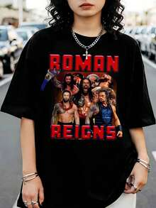 Roman Reigns WWES Wrestling Black T-Shirt With Vintage Pattern - Black - View 6