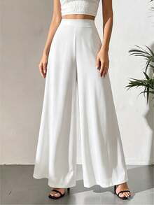 Women High Waisted Wide Leg Palazzo Pants Dressy Casual Chiffon Slacks Comfy Elastic Waist Work Lounge Trousers Loose Flowy Drape Culottes - White - View 2