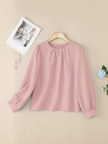 Spring/Autumn Fashion Women's Round Neck Long Sleeve Top Solid Color Elegant OL Commuter Shirt Pink - Pink - View 4