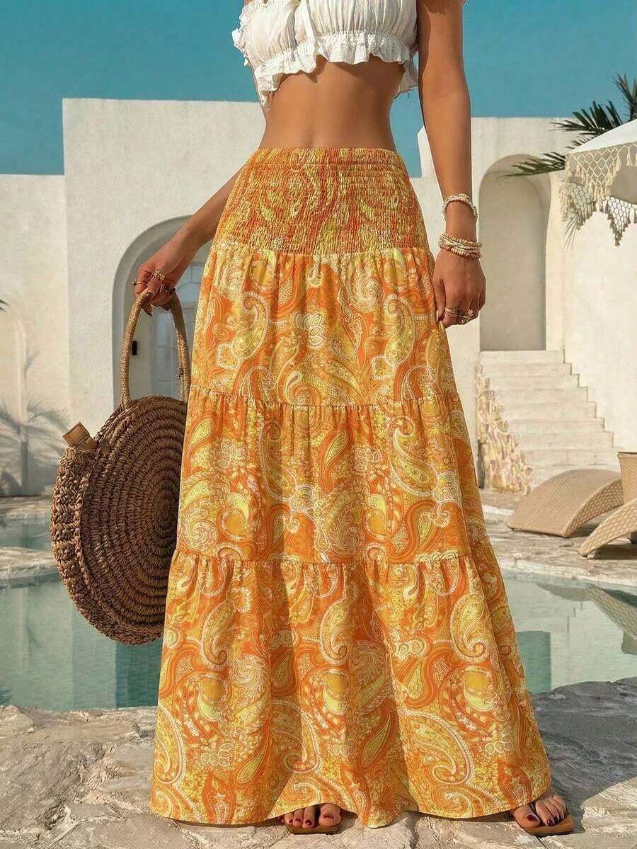 Women's Long Bohemian Print Skirt, Casual For Vacation And Everyday Wear, Spring/Summer - 鵝黃 - 查看 1