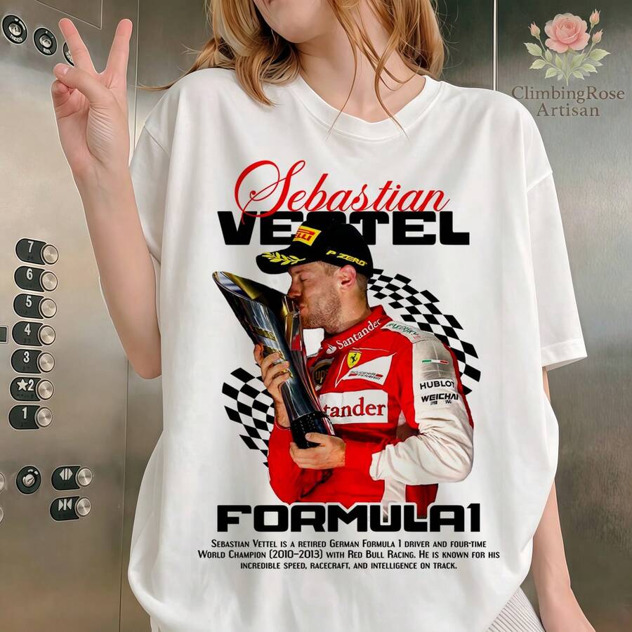 New For 2026: Unisex Vettel F1 Graphic T-Shirt, Available In Plus Sizes, Racing, Casual And Oversized. - White - View 1