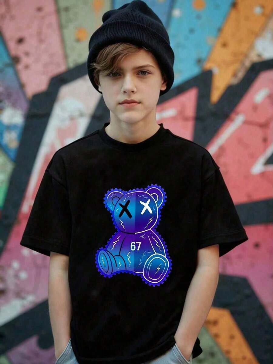 Basic Short-Sleeved T-Shirt For Pre-Teen Boys, Featuring A Cartoon-Style Slogan Graphic Print With The Number 67, In A Minimalist And Refreshing Style, Suitable For Casual Spring, Summer And Autumn Outfits - 淡紫色 - 查看 1