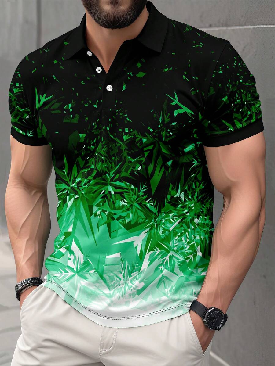 男士渐变植物印花短袖休闲通勤 Polo 衫 - 綠色 - 查看 1