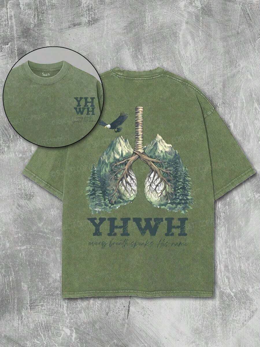 2026 New American Style T-Shirt% Cotton YHWH Nature Vintage Washed% Cotton | Graphic Forest Lungs With Birds, Distressed Fabric - Religious Inspired Clothing And Meaningful Gift Idea | Unisex - 軍綠色 - 查看 1