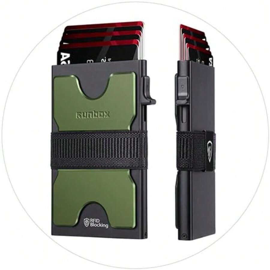 Slim Card Holder Wallet For Men, Minimalist RFID Blocking Wallet With Pop-Up Function, Ultra-Thin Design, Metal Business Card Cases Holds 6+6 Cards, Gifts For Men, Men's Accessories - 霧面橄欖綠 - 查看 1