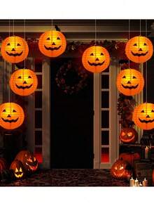 5/1pc Orange Paper Lanterns, Halloween Smiling Pumpkin Paper Lanterns, Halloween Pumpkin Paper Lantern Decorations Hanging Ornaments, Halloween Pumpkin Lantern Yard Decor, Halloween Party Indoor/Outdoor Hanging Decorations, Autumn Harvest Season Pumpkin Lantern Home Porch Decor Paper Lanterns - Multiple Styles - View 5