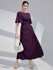 Vestido largo de noche con cuello redondo, volantes y mangas cortas de unicolor para mujer - Morado - Ver 6