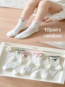 5 đôi tất ren hoa ngẫu nhiên, thấm hút mồ hôi, khử mùi, trang trí nơ, cao đến bắp chân, đa năng cho mùa xuân/hè và thu/đông, phù hợp cho học sinh. - Nhiều màu - Xem 11