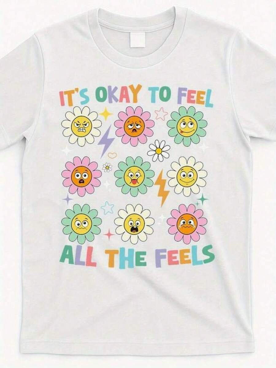 Camiseta unisex para adultos Está bien sentir todas las emociones ABA RBT con estampado floral y de emoticonos -% algodón, 220 g/², manga corta, cuello redondo, estilo casual, para el verano de 2025, estampado colorido y ajuste cómodo. - Negro - Ver 1