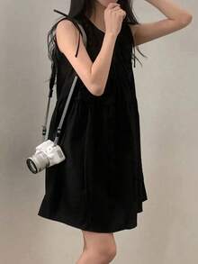 Đầm tank top cổ tròn xếp bèo thắt nơ màu đen thanh lịch cho mùa hè - màu đen - Xem 2