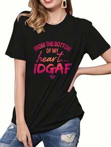 Camiseta estampada con letras, top casual de manga corta y cuello redondo  primavera y verano, ropa de - Negro - Ver 3