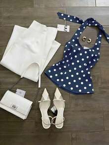 Conjunto casual de 2 piezas de top halter de unicolor y pantalones de pierna ancha para mujer - Multicolor - Ver 3