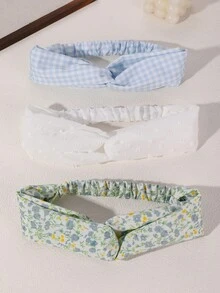 3件組女款極簡清新藍白格紋花卉髮箍，適合日常、派對、婚禮、春夏海灘度假穿搭，美感風格 - 藍色 - 查看 5