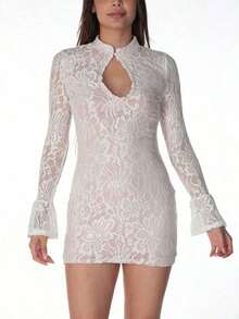 Spring Party Dress: Fitted Mini, Flared Sleeves And Hollow Lace Details – Elegant Look - 白色的 - 查看 12