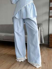 Women'S Casual Striped Button-Down Long-Sleeved Collared Shirt And Loose Wide-Leg Trousers Two-Piece Set, Autumn Women'S Clothing - 藍色 - 查看 4